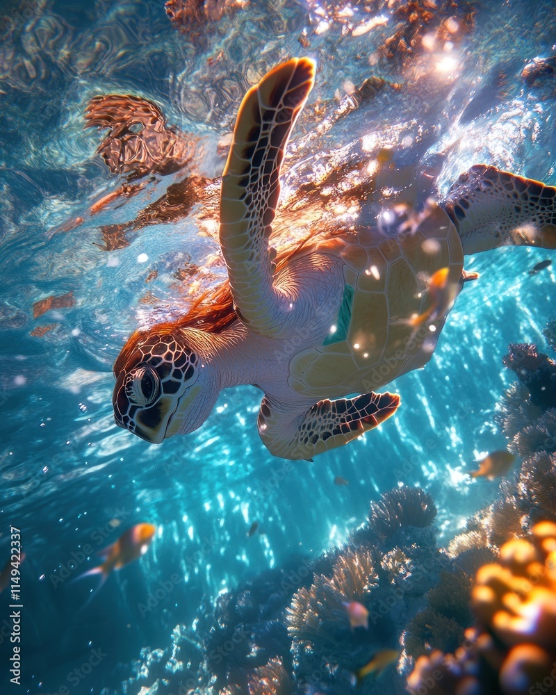 Poster turtle swims in clear ocean with fish and coral.