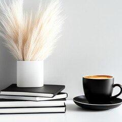 Minimalist still life with a stack of monochrome books and a cup of coffee, cozy simplicity