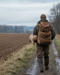 A person walking along a rural path, carrying a backpack and a sheep-like object.