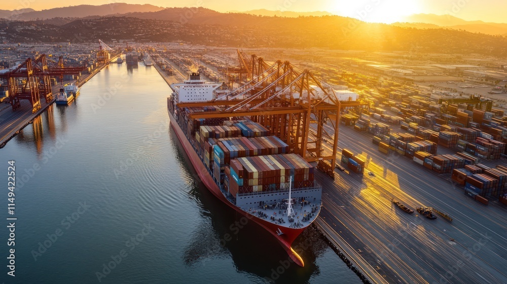 Poster ship loading containers at port during golden sunset.