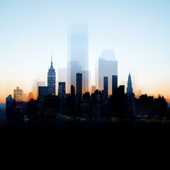Multiple layers of a city skyline at dusk, urban complexity