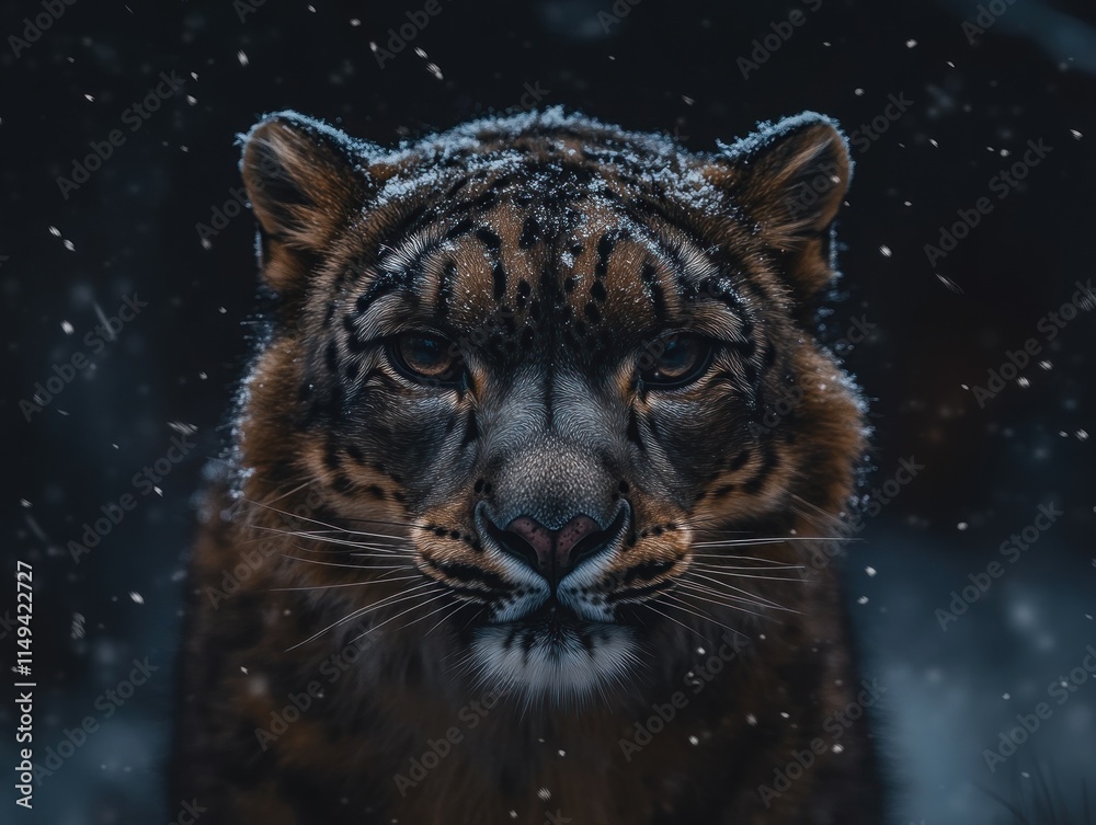 Poster snow leopard portrait, close-up face with snowfall.