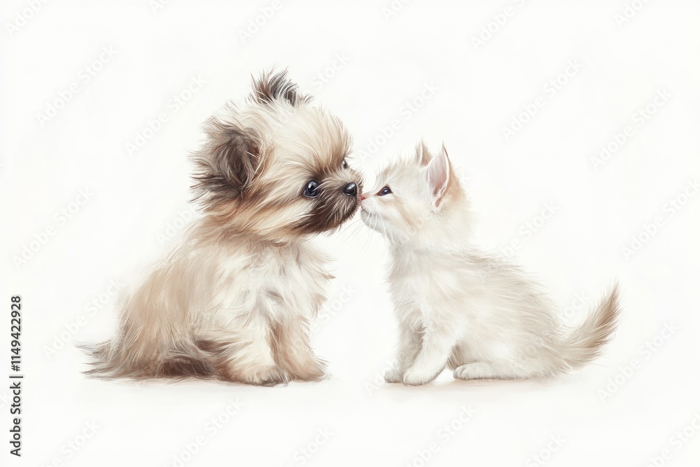 Poster puppy and kitten nuzzling on light background.
