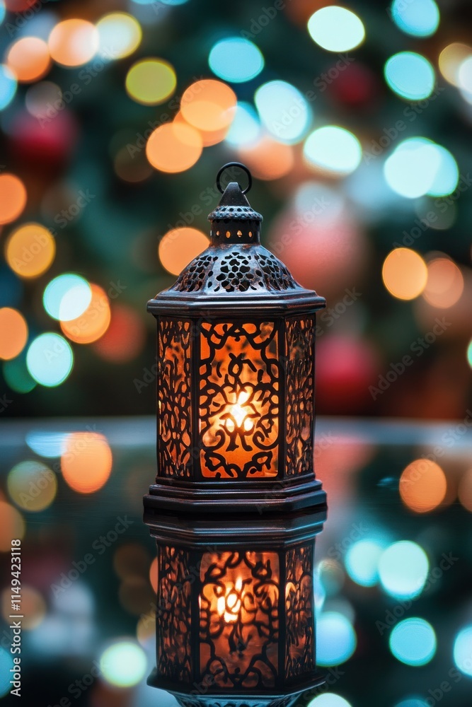 Aufkleber lit lantern with bokeh backdrop.
