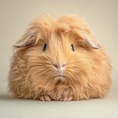 Fototapeta premium A fluffy orange guinea pig with a soft expression, sitting against a neutral background.