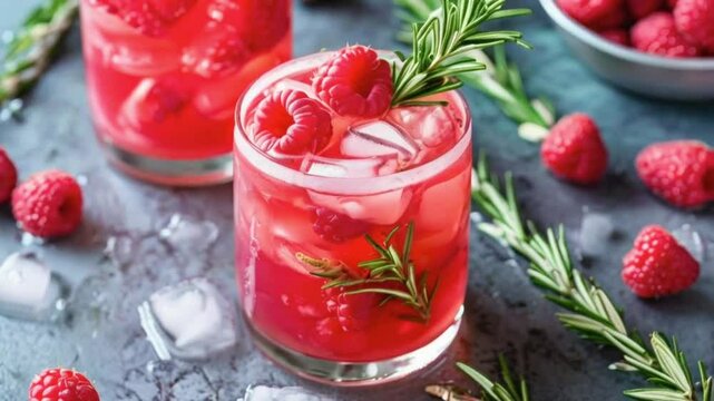 Refreshing raspberry lemonade with ice and fresh raspberries, garnished with rosemary, ideal for summer drinks and refreshment concepts.