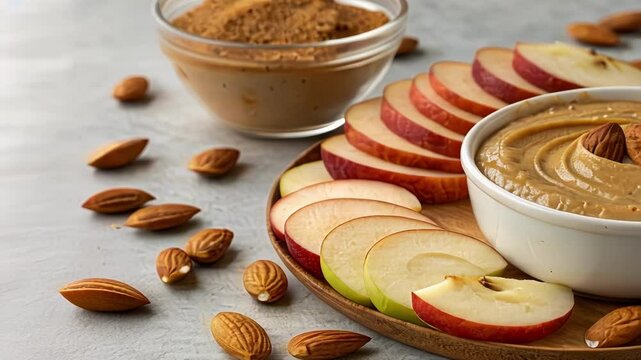 Nut Butter Dip A closeup of a small bowl of natural almond butter surrounded by apple slices. This image highlights a nutritious satisfying snack that balances healthy fats with
