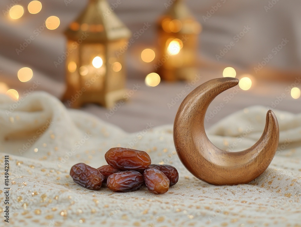 Poster dates with crescent moon and golden lanterns on light fabric background.