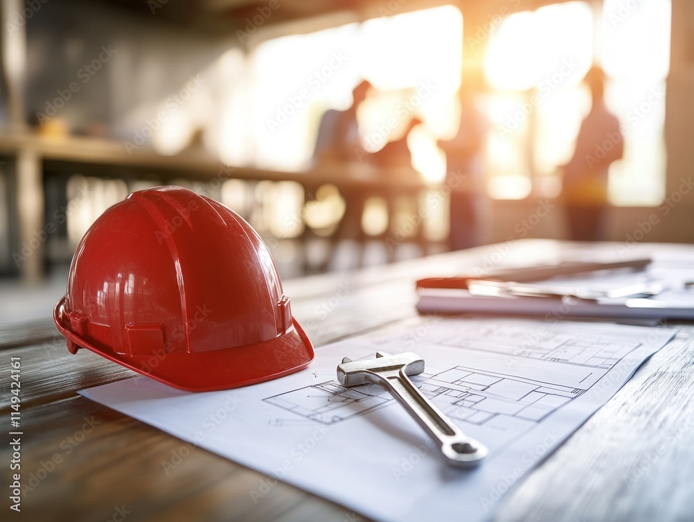 Aufkleber red hardhat and tools on blueprints with people in background.