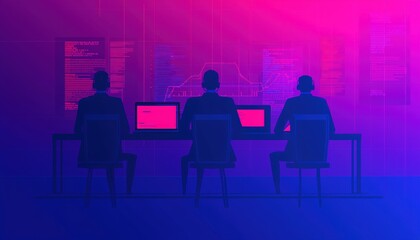 Futuristic Control Room with Programmers in Dark Environment