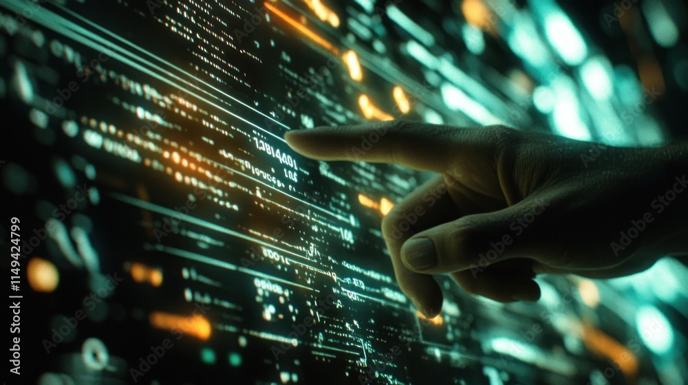 Poster Finger points at glowing digital screen with code and data.