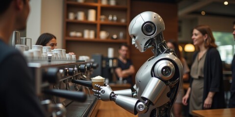 Futuristic robot barista serving coffee in a modern cafe, concept of AI automation in hospitality industry, robotic technology transforming customer service