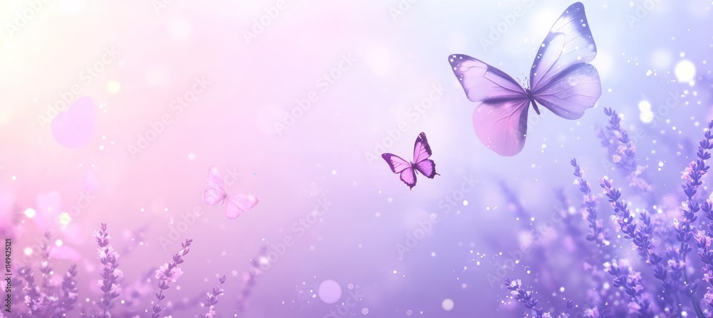 Poster butterflies flying over lavender fields with glowing light particles.