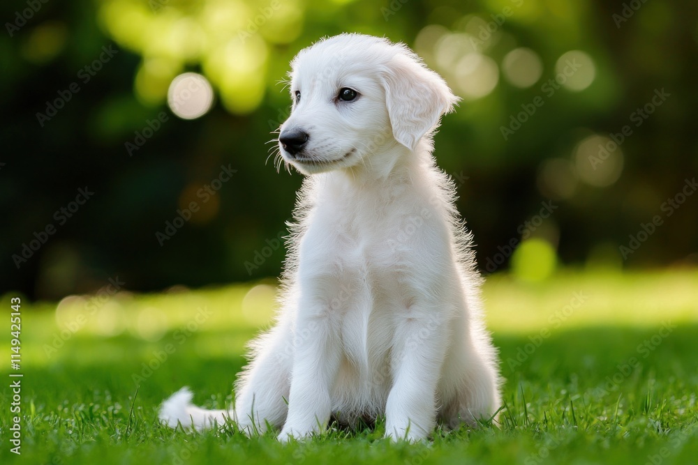 Poster white puppy sitting on grass with green bokeh background.