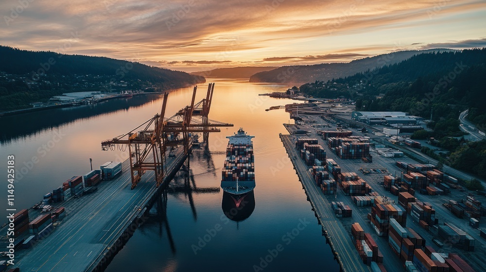 Poster container ship docked, cranes loading cargo at dusk.
