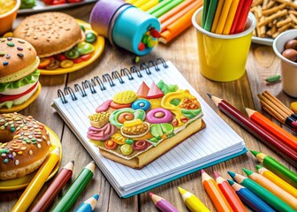 Naklejka premium Office Doodle Food Photography: Creative Desk Snacks, Yummy Workplace Treats, Fun Lunch Ideas