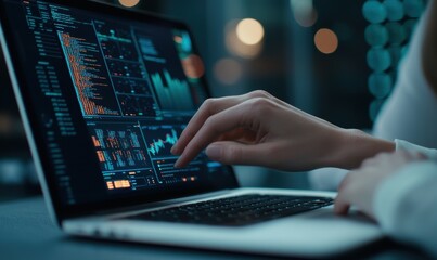 A Person Analyzing Financial Data on Laptop Screen in Dim Light