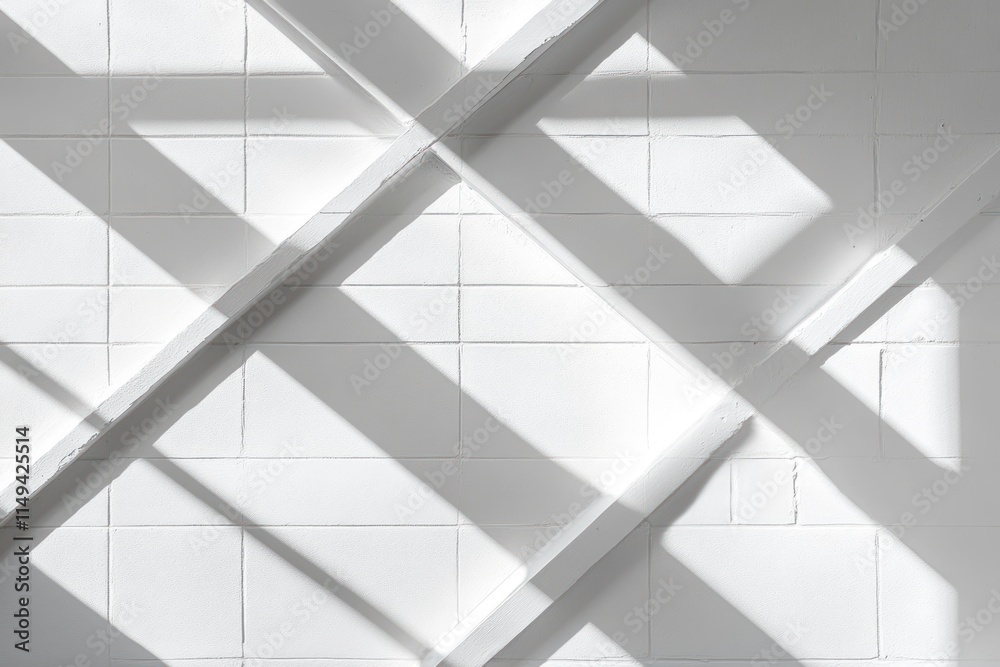 Poster White tile wall with light and shadow pattern from window frame.