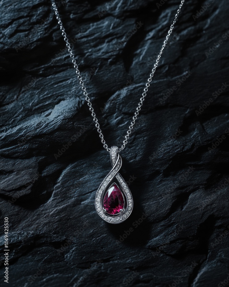 Poster ruby pendant with diamonds on dark stone.