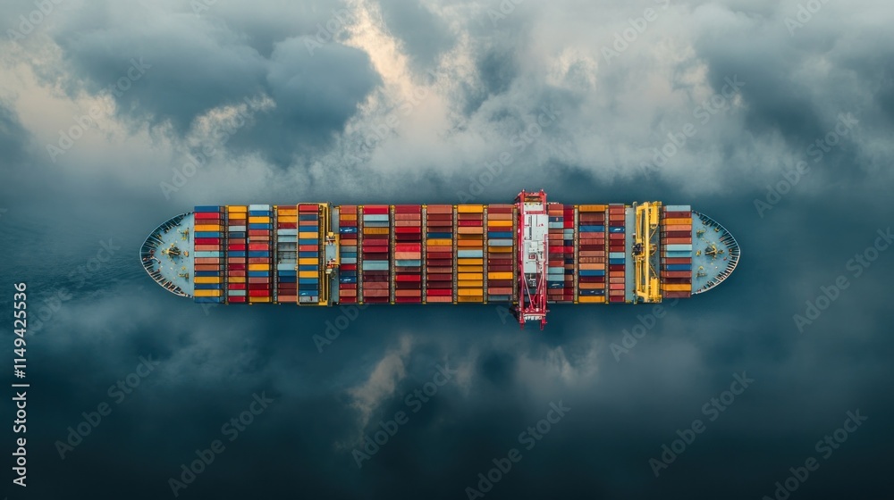Poster container ship with colorful cargo containers sails on a dark cloudy sea.
