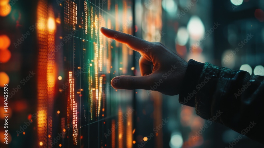Poster hand touches illuminated digital screen with financial data.