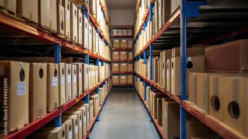 Poster warehouse aisle with packed boxes on red shelves.