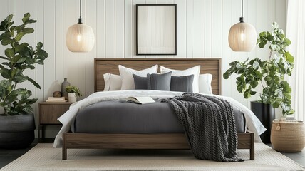 tranquil bedroom with a platform bed, pendant lighting, and soft gray tones for a calm ambiance