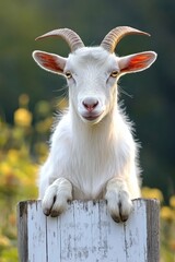 Obraz premium A goat with horns resting its front legs on a wooden fence in a natural setting.