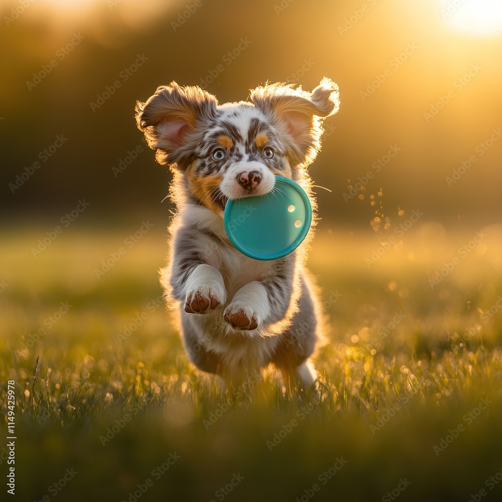 Poster puppy running with toy in golden light.