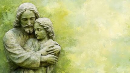 Fototapeta premium Heavenly Embrace, timeless stone figures, tranquil green background, serene moment, spiritual connection, gentle embrace.