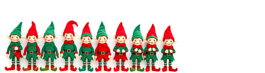 AI Santa Claus: A futuristic blend of cybernetics and android innovation,Festive winter fables meet holiday innovation. Adorable Christmas Elves in Matching Green and Red Outfits Row Display