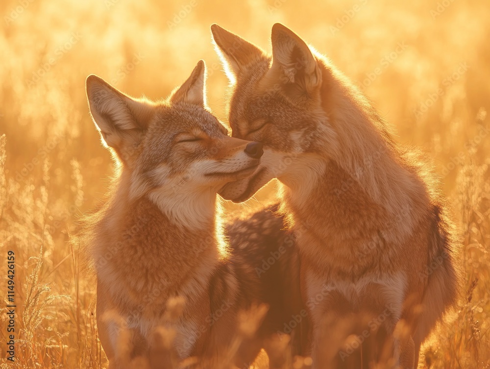 Poster two coyotes showing affection in golden sunlight.