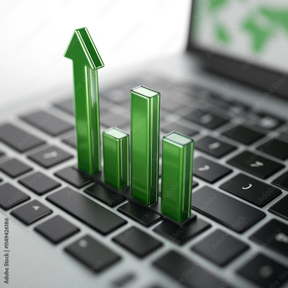 Poster green graph bars rising on a laptop keyboard.