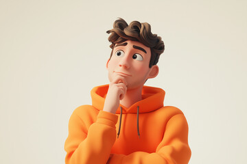  3D-style cartoon character of a young adult man in an orange hoodie, displaying a thoughtful, questioning expression. This design conveys the feeling of doubt and introspection,