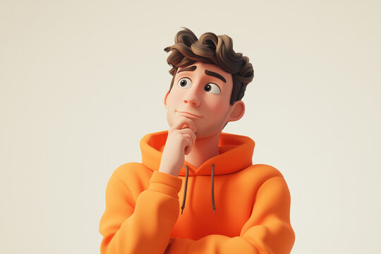  3D-style cartoon character of a young adult man in an orange hoodie, displaying a thoughtful, questioning expression. This design conveys the feeling of doubt and introspection,