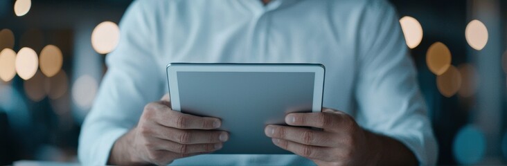 Close-up of Hands Holding a Tablet in a Modern Workspace Setting