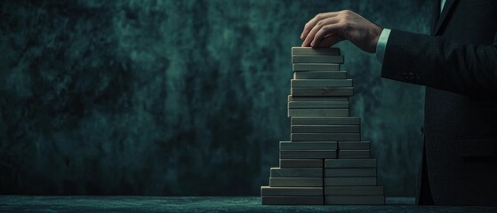 Man Stacking Blocks in a Dark Room Symbolizing Business Growth