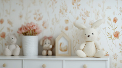 Soft toys and floral decor create a cozy nursery atmosphere with a gentle color palette
