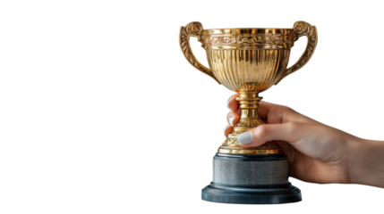 a hand holding gold trophy cup isolated on white background