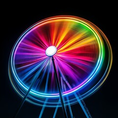 A spinning Ferris wheel lit up in bright neon colors, festive charm