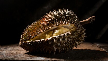 close-up of a split rotting durian with browning spikes and exposed mushy flesh under dramatic lighting on a rustic surface
