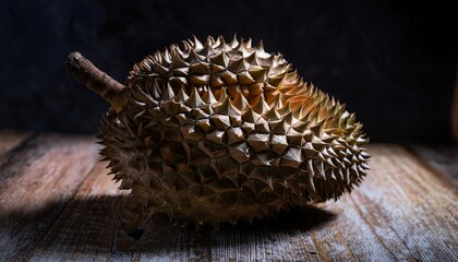 Obraz premium close-up of a rotting durian with browning spikes and soft mushy flesh under moody lighting on a wooden surface 