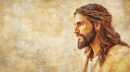 Sacred Portrait, Serene Jesus in Natural Tones, Crown of Thorns, Peaceful Expression