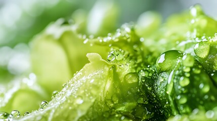 Fresh Green Lettuce with Glistening Water Drops Close Up Shot