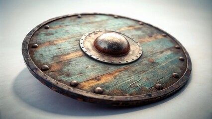 Old Round Shield, Medieval, Antique, Isolated, White Background, Clipping Path, Tilt-Shift Photography, Vintage, History, Relic