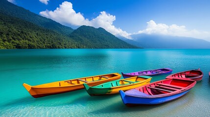 Brightly painted rowboats on a turquoise lake, cheerful scenery