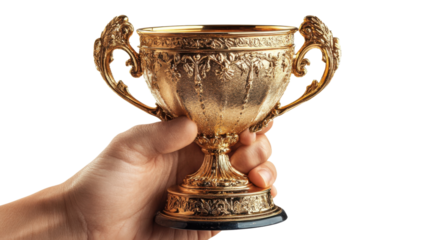 a hand holding gold trophy cup isolated on white background