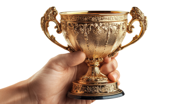 a hand holding gold trophy cup isolated on white background