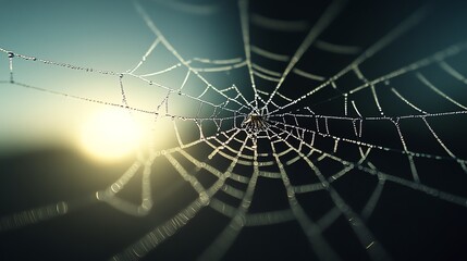 Obraz premium Closeup of dewcovered spider web sparkling in morning sunlight, intricate detail