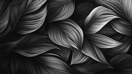 Close-up view of textured black and white leaves creating a harmonious pattern of nature's elegance in a serene composition